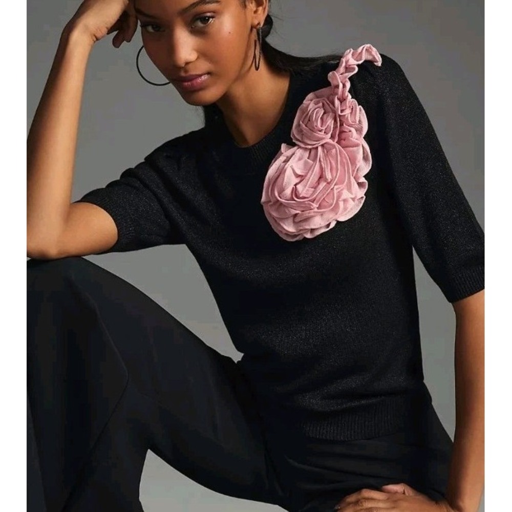 Maeve Floral Appliqué Sweater Women's Size M Black Pink Knit Metallic